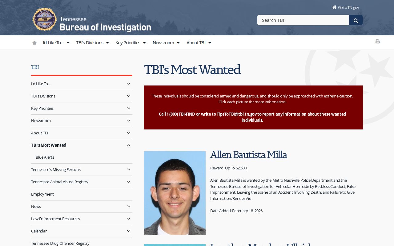 Marshall County most-wanted reference to the TBI statewide curated program